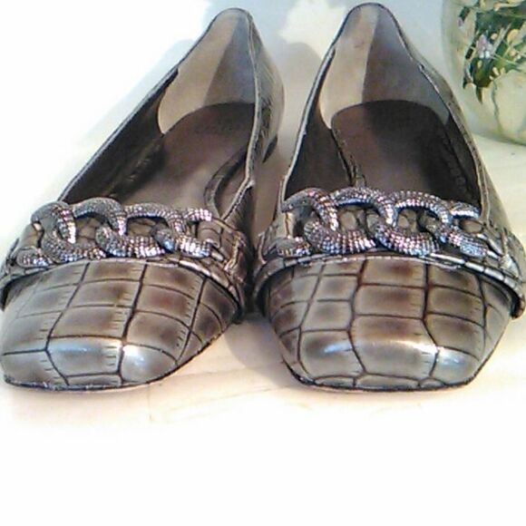 Saks Fifth Avenue Pewter Reptile Embossed Flats - Picture 3 of 14